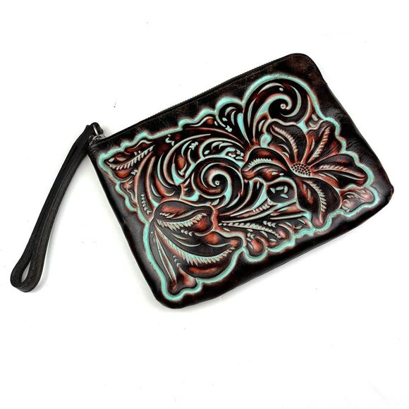 Patricia Nash Cassini Tooled Brown Turquoise Leather Wristlet - Picture 1 of 7